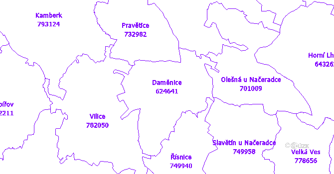 Katastrální mapa Daměnice - přehledová mapa katastrálního území
