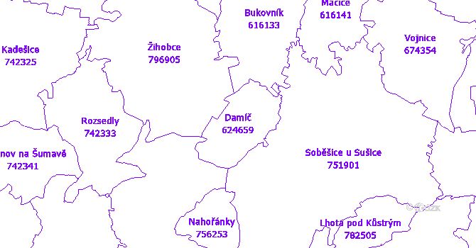 Katastrální mapa Damíč - přehledová mapa katastrálního území