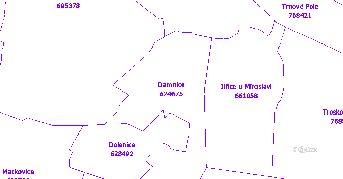 Katastrální mapa Damnice - přehledová mapa katastrálního území