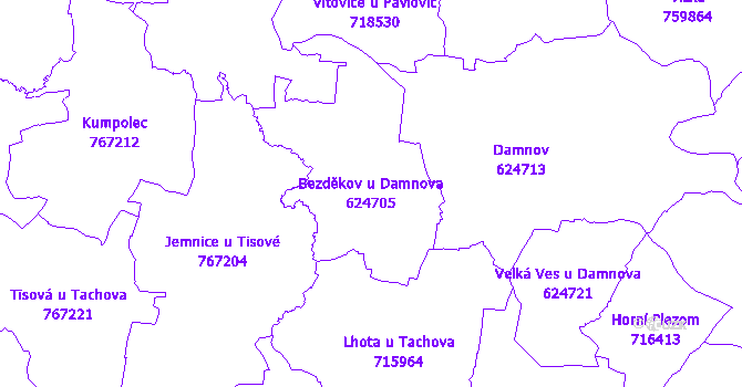 Katastrální mapa Bezděkov u Damnova - přehledová mapa katastrálního území