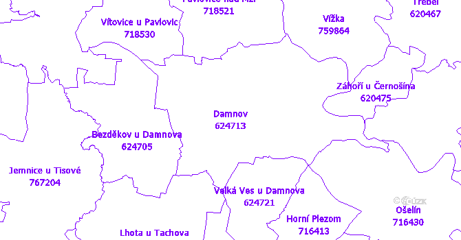 Katastrální mapa Damnov - přehledová mapa katastrálního území