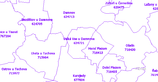 Katastrální mapa Velká Ves u Damnova - přehledová mapa katastrálního území