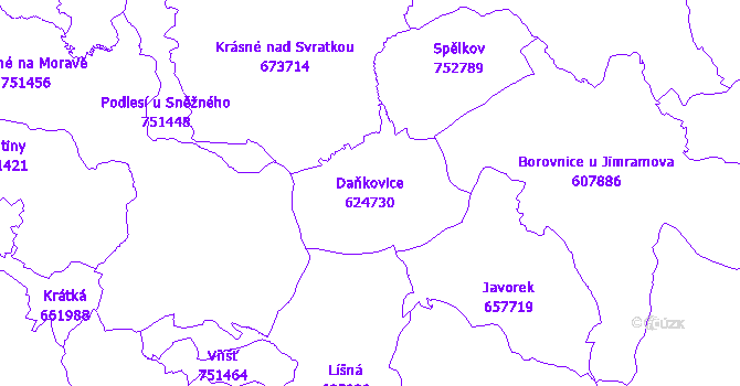 Katastrální mapa Daňkovice - přehledová mapa katastrálního území