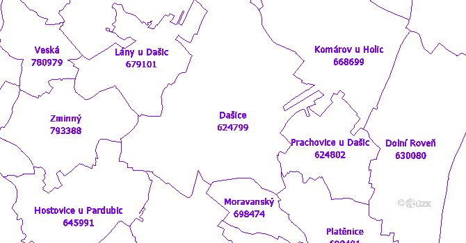 Katastrální mapa Dašice - přehledová mapa katastrálního území
