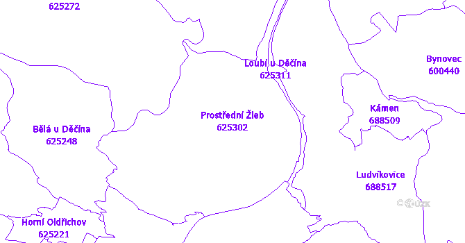 Katastrální mapa Prostřední Žleb - přehledová mapa katastrálního území