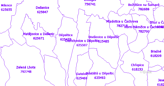 Katastrální mapa Oldřichovice u Děpoltic - přehledová mapa katastrálního území