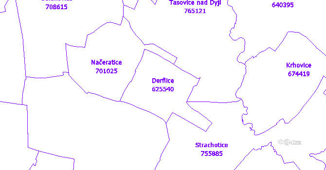Katastrální mapa Derflice - přehledová mapa katastrálního území