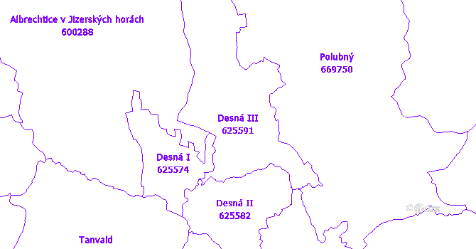 Katastrální mapa Desná III - přehledová mapa katastrálního území