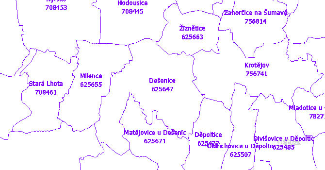 Katastrální mapa Dešenice - přehledová mapa katastrálního území