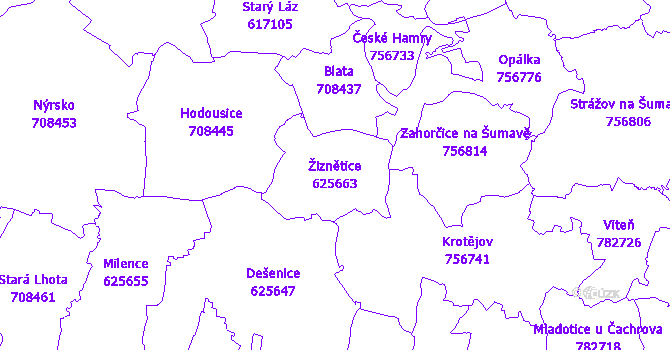 Katastrální mapa Žiznětice - přehledová mapa katastrálního území