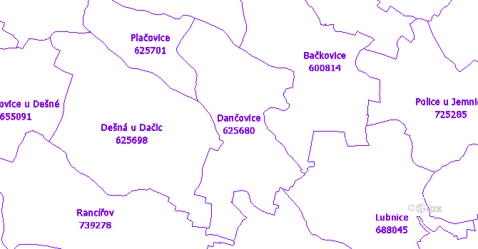 Katastrální mapa Dančovice - přehledová mapa katastrálního území