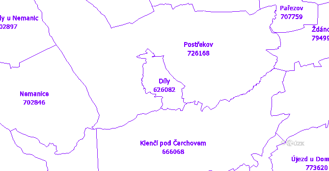 Katastrální mapa Díly - přehledová mapa katastrálního území
