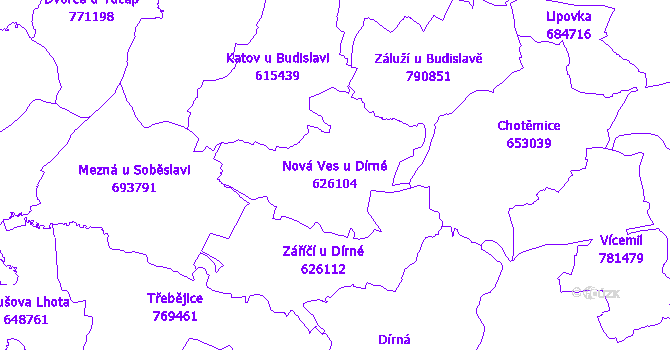 Katastrální mapa Nová Ves u Dírné - přehledová mapa katastrálního území