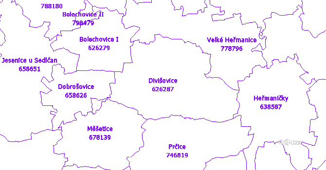 Katastrální mapa Divišovice - přehledová mapa katastrálního území
