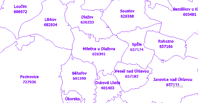 Katastrální mapa Miletice u Dlažova - přehledová mapa katastrálního území