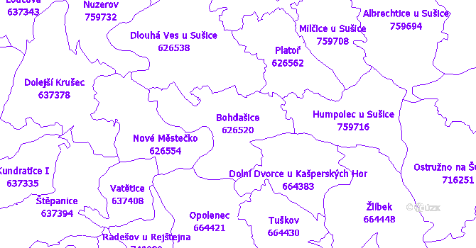 Katastrální mapa Bohdašice - přehledová mapa katastrálního území
