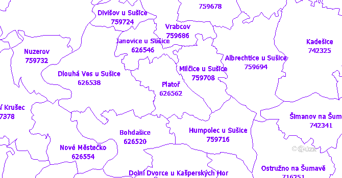 Katastrální mapa Platoř - přehledová mapa katastrálního území