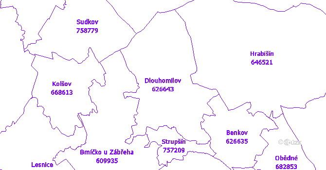 Katastrální mapa Dlouhomilov - přehledová mapa katastrálního území