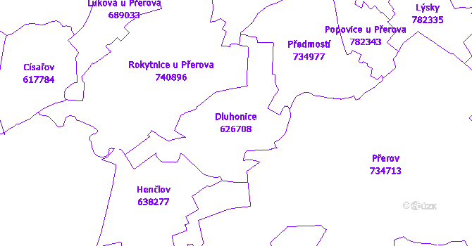 Katastrální mapa Dluhonice - přehledová mapa katastrálního území
