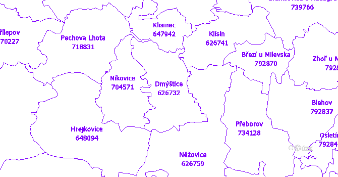Katastrální mapa Dmýštice - přehledová mapa katastrálního území