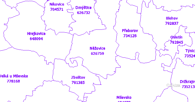 Katastrální mapa Něžovice - přehledová mapa katastrálního území