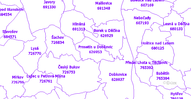 Katastrální mapa Prosetín u Dobkovic - přehledová mapa katastrálního území