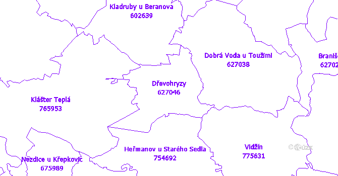 Katastrální mapa Dřevohryzy - přehledová mapa katastrálního území