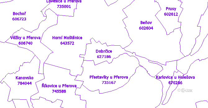Katastrální mapa Dobrčice - přehledová mapa katastrálního území