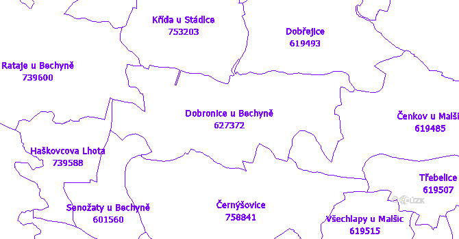 Katastrální mapa Dobronice u Bechyně - přehledová mapa katastrálního území