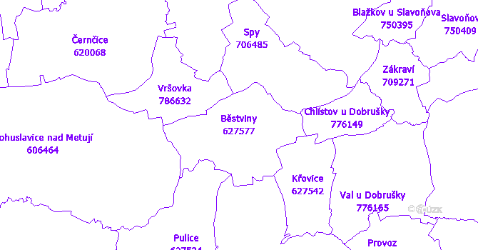 Katastrální mapa Běstviny - přehledová mapa katastrálního území