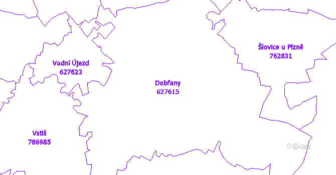 Katastrální mapa Dobřany - přehledová mapa katastrálního území
