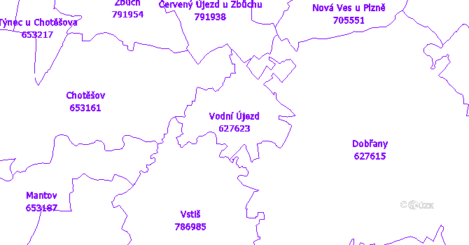 Katastrální mapa Vodní Újezd - přehledová mapa katastrálního území