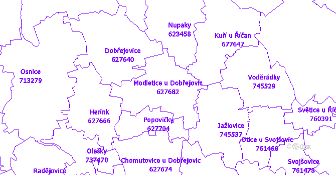 Katastrální mapa Modletice u Dobřejovic - přehledová mapa katastrálního území