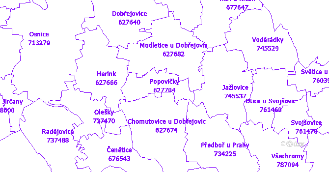 Katastrální mapa Popovičky - přehledová mapa katastrálního území