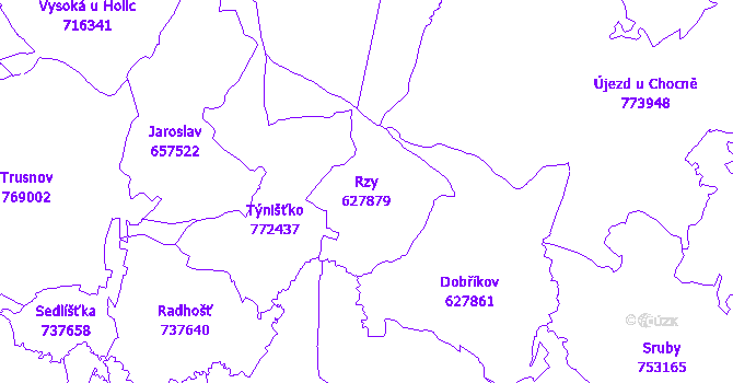 Katastrální mapa Rzy - přehledová mapa katastrálního území
