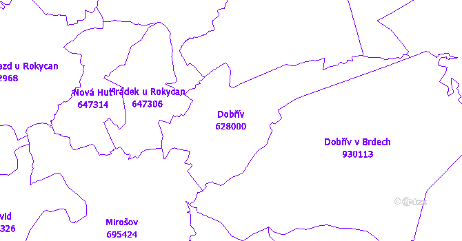 Katastrální mapa Dobřív - přehledová mapa katastrálního území