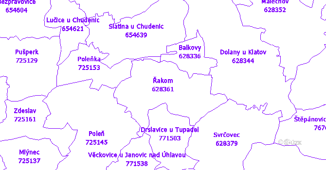 Katastrální mapa Řakom - přehledová mapa katastrálního území
