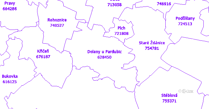 Katastrální mapa Dolany u Pardubic - přehledová mapa katastrálního území