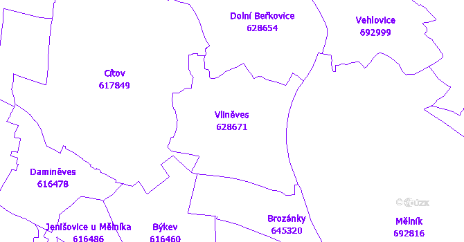 Katastrální mapa Vliněves - přehledová mapa katastrálního území