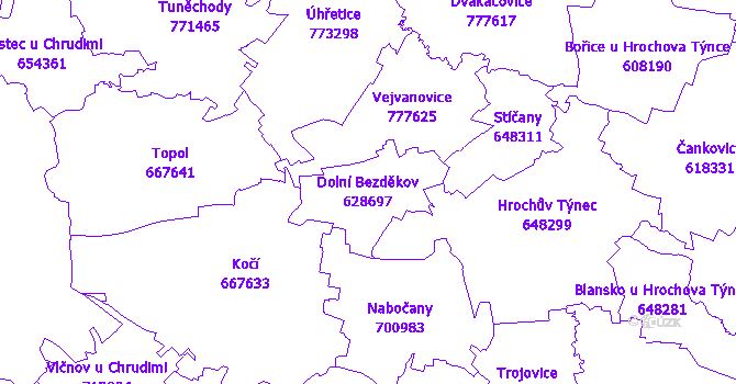 Katastrální mapa Dolní Bezděkov - přehledová mapa katastrálního území