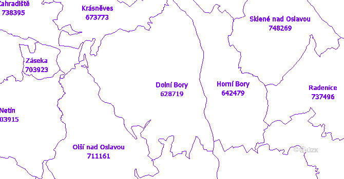Katastrální mapa Dolní Bory - přehledová mapa katastrálního území