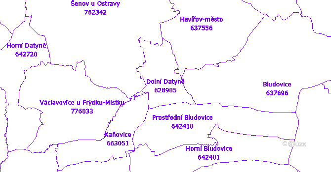 Katastrální mapa Dolní Datyně - přehledová mapa katastrálního území