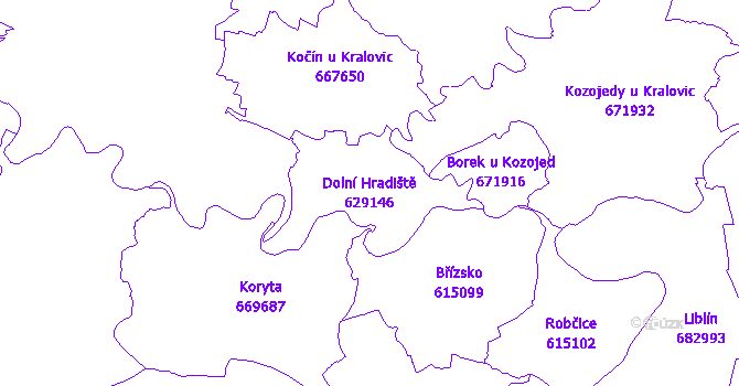 Katastrální mapa Dolní Hradiště - přehledová mapa katastrálního území