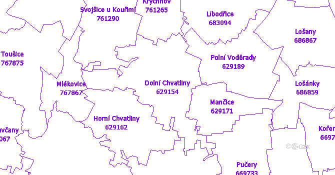 Katastrální mapa Dolní Chvatliny - přehledová mapa katastrálního území