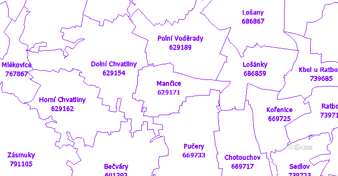 Katastrální mapa Mančice - přehledová mapa katastrálního území