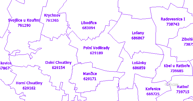 Katastrální mapa Polní Voděrady - přehledová mapa katastrálního území