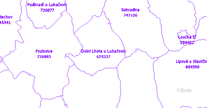 Katastrální mapa Dolní Lhota u Luhačovic - přehledová mapa katastrálního území