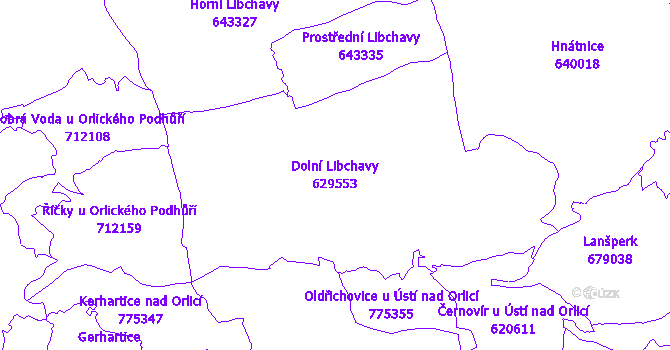 Katastrální mapa Dolní Libchavy - přehledová mapa katastrálního území