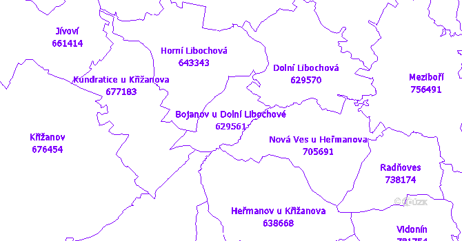 Katastrální mapa Bojanov u Dolní Libochové - přehledová mapa katastrálního území