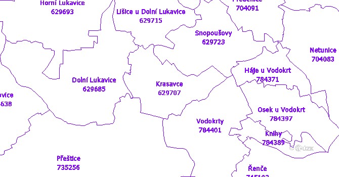 Katastrální mapa Krasavce - přehledová mapa katastrálního území